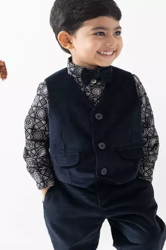 Blue plain cotton waistcoat with bow tie