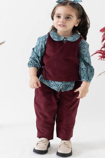Maroon printed cotton 3 piece co ord set