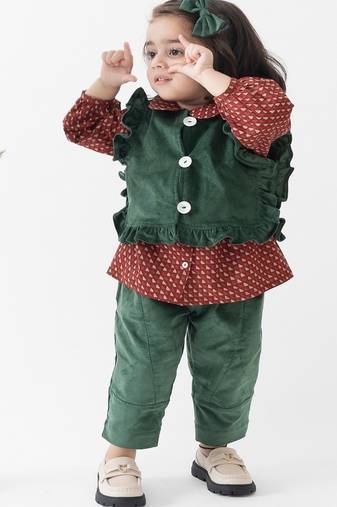 Green printed cotton 3 piece co ord set