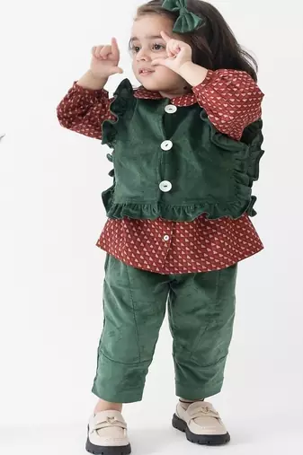 Green printed cotton 3 piece co ord set