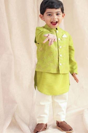 Green embroidered viscose nehru jacket set