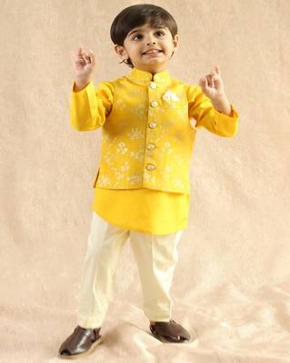 Yellow embroidered viscose nehru jacket set 1
