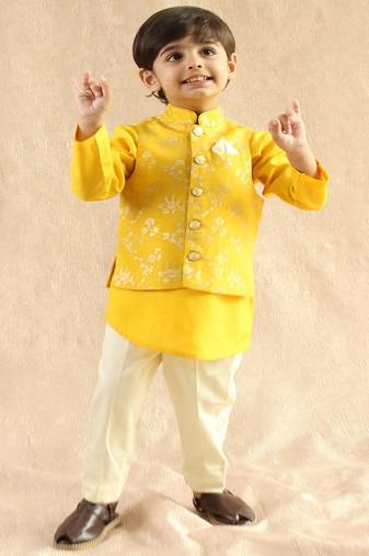 Yellow embroidered viscose nehru jacket set