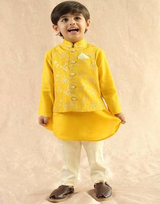 Yellow embroidered viscose nehru jacket set 2