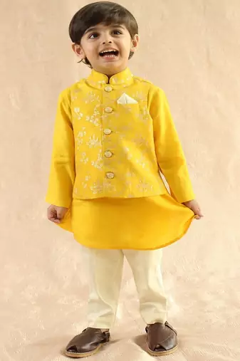 Yellow embroidered viscose nehru jacket set