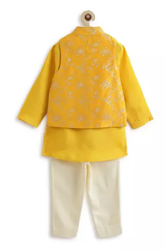 Yellow embroidered viscose nehru jacket set