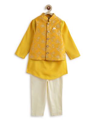 Yellow embroidered viscose nehru jacket set 5