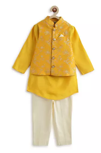 Yellow embroidered viscose nehru jacket set