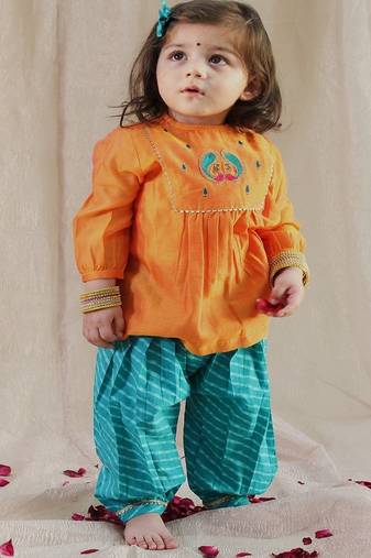 Orange embroidered chanderi kurta pyjama