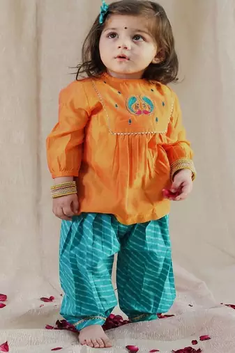 Orange embroidered chanderi kurta pyjama
