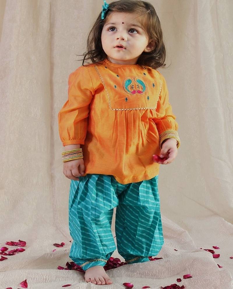 Orange embroidered chanderi kurta pyjama