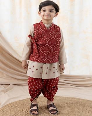 Maroon printed cotton nehru jacket set 1