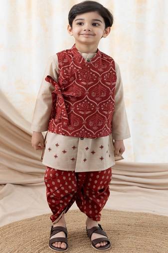Maroon printed cotton nehru jacket set