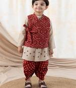 Maroon printed cotton nehru jacket set