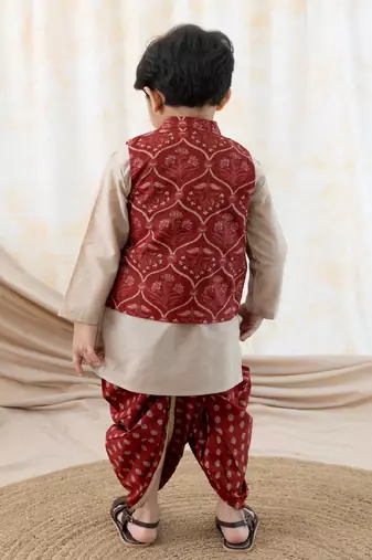 Maroon printed cotton nehru jacket set