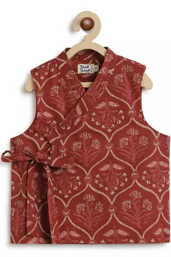 Maroon printed cotton nehru jacket set