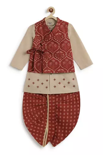 Maroon printed cotton nehru jacket set