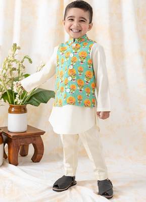 Green printed cotton nehru jacket set 1