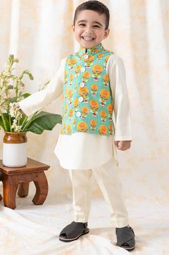 Green printed cotton nehru jacket set