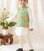 Green printed cotton nehru jacket set