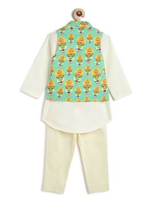 Green printed cotton nehru jacket set 2