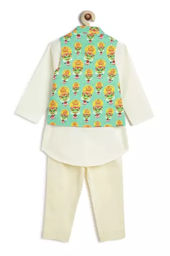 Green printed cotton nehru jacket set