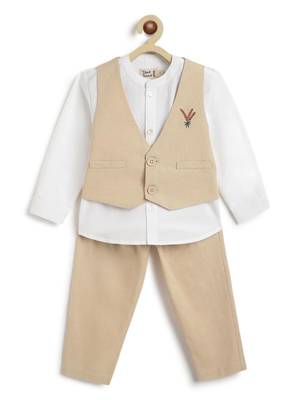 Beige embroidered cotton waistcoat set 2