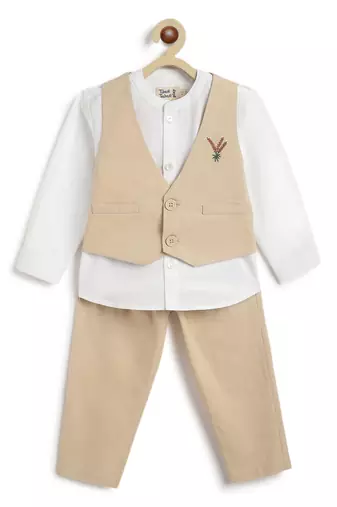 Beige embroidered cotton waistcoat set