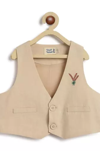 Beige embroidered cotton waistcoat set