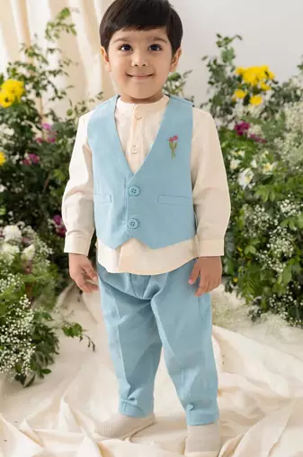 Blue embroidered cotton waistcoat set