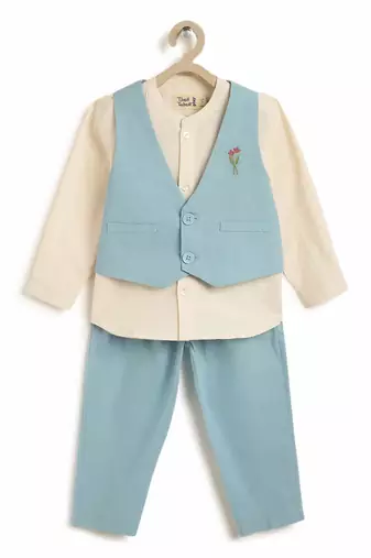 Blue embroidered cotton waistcoat set