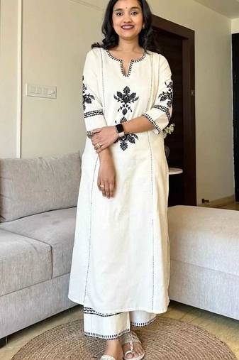 Off White Embroidered South Cotton Kurta and Pant Set