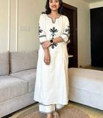 Off White Embroidered South Cotton Kurta and Pant Set