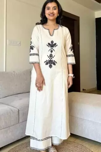 Off White Embroidered South Cotton Kurta and Pant Set