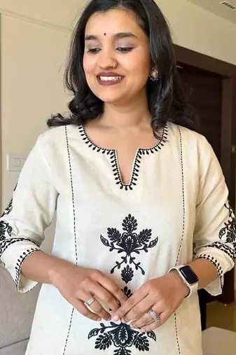Off White Embroidered South Cotton Kurta and Pant Set