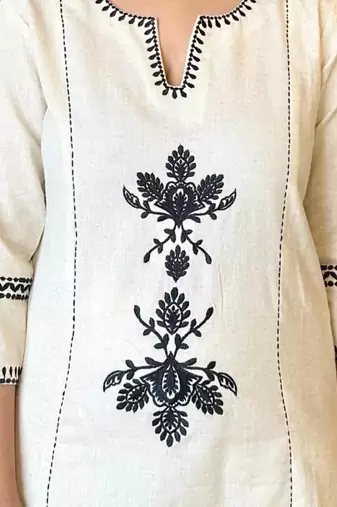 Off White Embroidered South Cotton Kurta and Pant Set