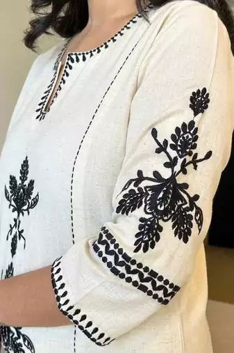 Off White Embroidered South Cotton Kurta and Pant Set