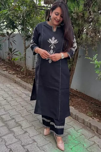 Black Embroidered South Cotton Kurta and Pant Set