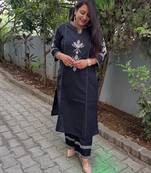Black Embroidered South Cotton Kurta and Pant Set