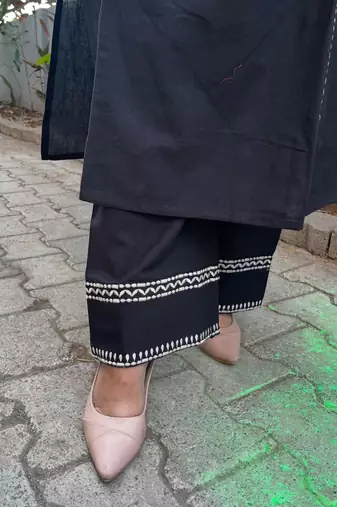 Black Embroidered South Cotton Kurta and Pant Set