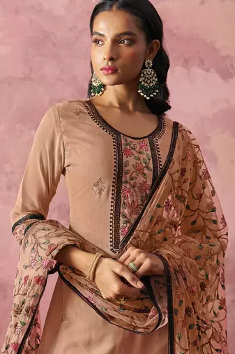 Light orange georgette embroidered salwar suit