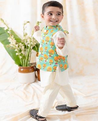 Green printed cotton nehru jacket set 5