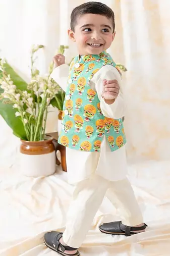 Green printed cotton nehru jacket set