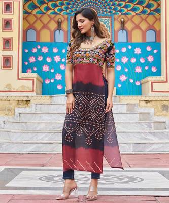 Black rayon badhni print kutchi gamthi work navratri kurti 1
