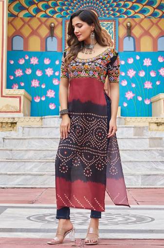 Black rayon badhni print kutchi gamthi work navratri kurti