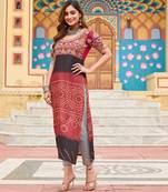 Maroon rayon badhni print kutchi gamthi work navratri kurti