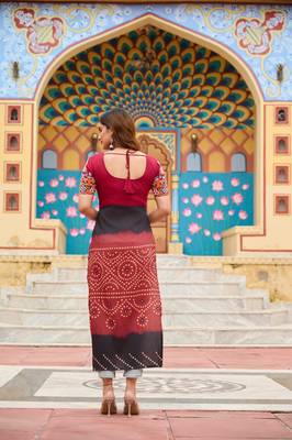 Maroon rayon badhni print kutchi gamthi work navratri kurti 2