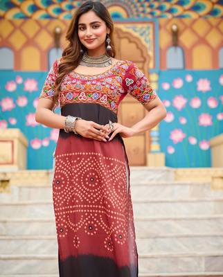 Maroon rayon badhni print kutchi gamthi work navratri kurti 3