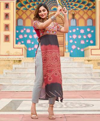 Maroon rayon badhni print kutchi gamthi work navratri kurti 4