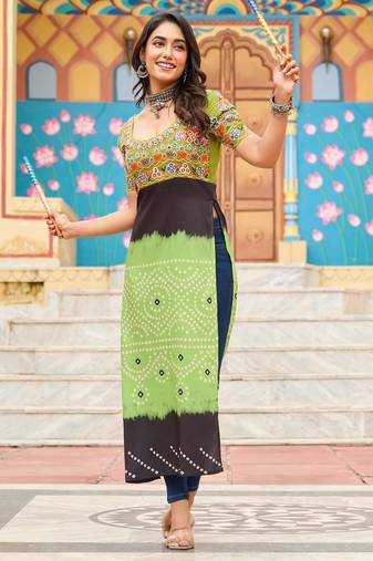 Parrot rayon badhni print kutchi gamthi work navratri kurti